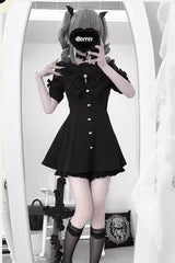Black [Night Glaze] Long Short Sleeves Ruffled Bow Gothic Plus Size Jirai Kei Dress and Shorts Set - Product - 3