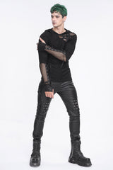 Black Lace Up Mesh Splice Long Sleeve Men's Punk Hoodies - Product - 5