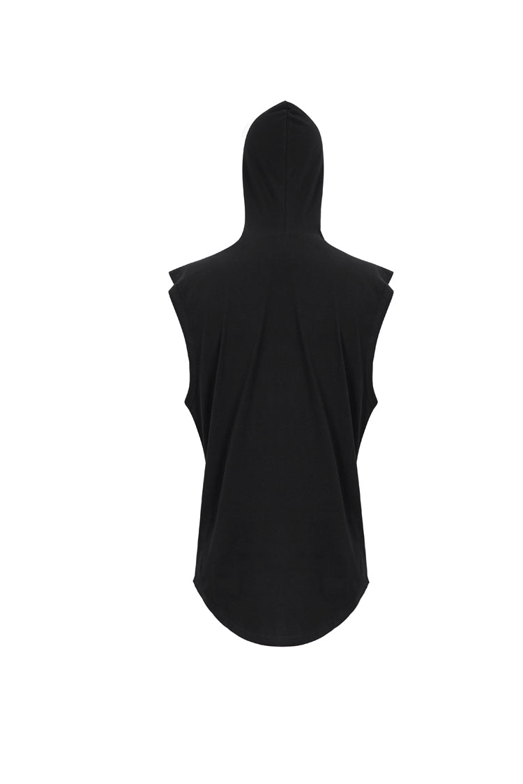 Black Knit Irregular Simple Versatile Sleeveless Hooded Men's Punk Tank Top - Product - 9