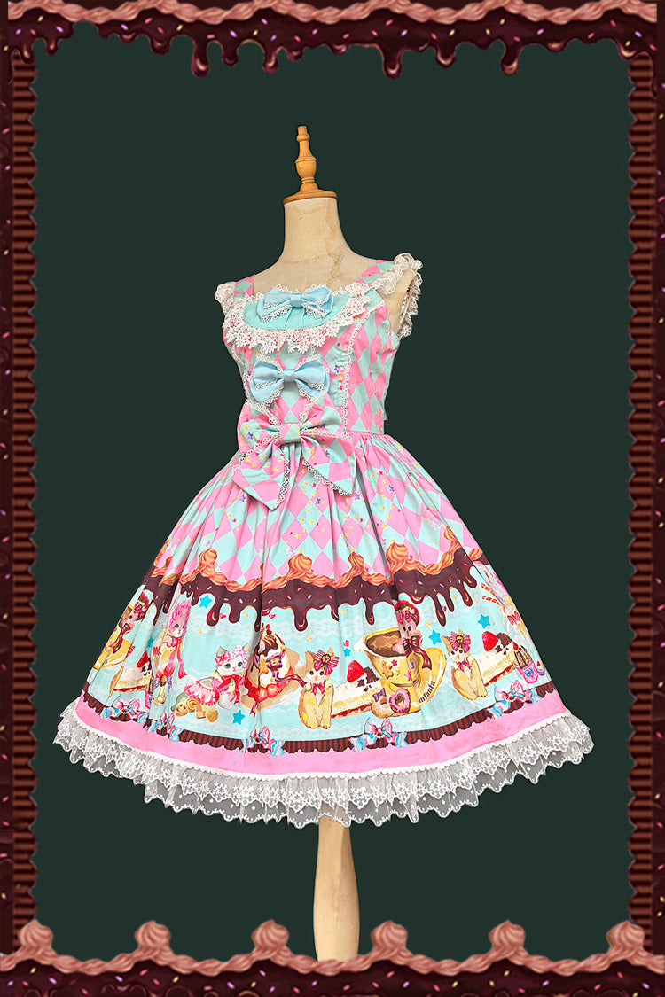 [Cream Meow] Sleeveless Print Bowknot Lace Sweet Lolita Jsk Dress 3 Colors - Green - 6