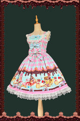 [Cream Meow] Sleeveless Print Bowknot Lace Sweet Lolita Jsk Dress 3 Colors - Green - 6