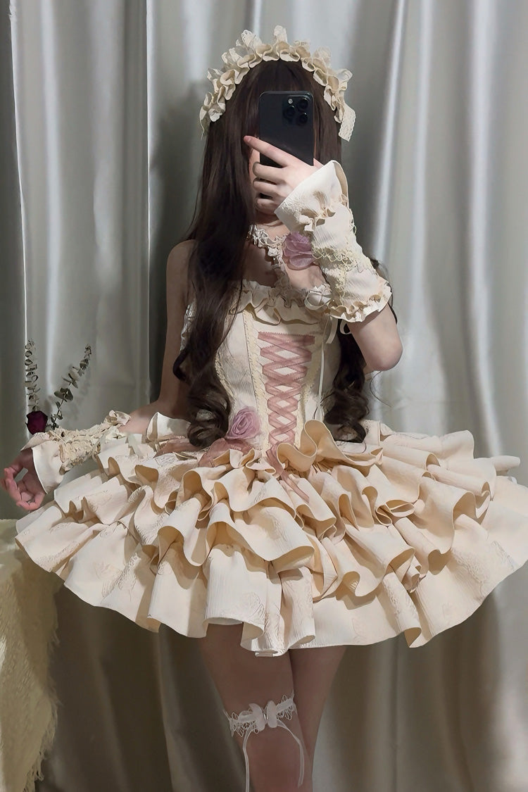 [Sunset Venus] Halterneck Sleeveless Multi-Layered Ruffle Bowknot Lace Fishbone Sweet Lolita Dress 2 Colors - Pink - 1