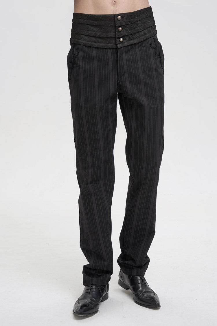 Black Retro Mid High Waist Micro Elastic Striped Woven Stitching Three Dimensional Jacquard Men's Gothic Trousers - Black - 1