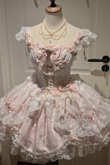 Pink [Anna’s Ball] Square Collar Ruffled Hanayome Bow Lace Sweet Princess Ballet Lolita Jsk Dress - Product - 3