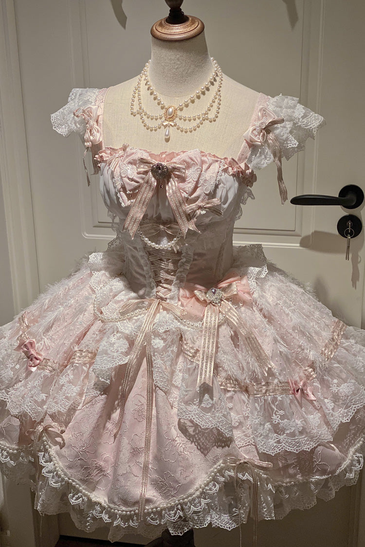 Pink [Anna’s Ball] Square Collar Ruffled Hanayome Bow Lace Sweet Princess Ballet Lolita Jsk Dress - Product - 3