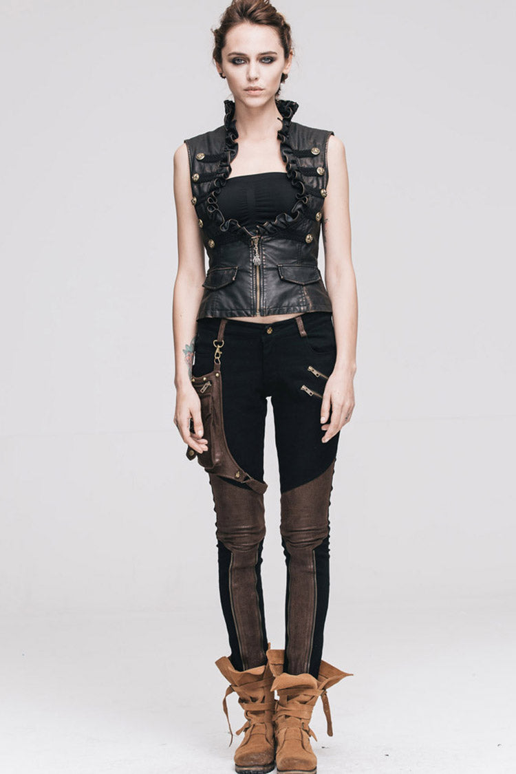 Black/Brown Big Opening Chest Wave Hand Rubbed Leather Collar Women's  Punk Vest - Product - 8