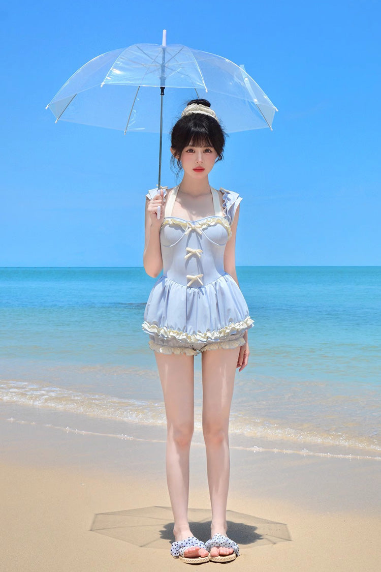 Blue Halterneck Ruffle Bowknot Sweet College Style Lolita One-piece Swimsuit - Product - 6