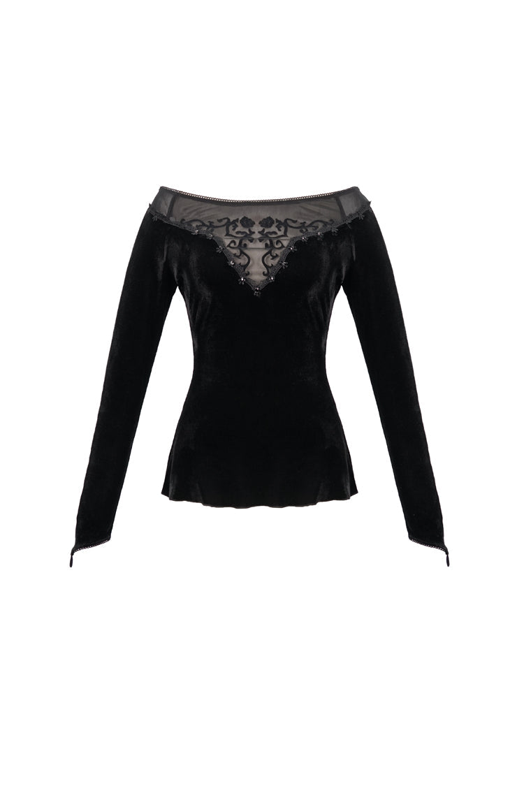 Black Velvet Off Shoulder Long Sleeve Mesh Collar Chest Flocking Pattern Women's Punk T-Shirt - Product - 7