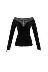 Black Velvet Off Shoulder Long Sleeve Mesh Collar Chest Flocking Pattern Women's Punk T-Shirt - Product - 7