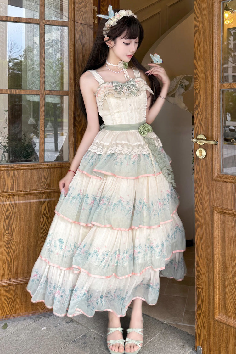 Green [Lilac Thoughts] Sleeveless Gradient Multi-Layered Print Ruffle Bowknot Lace Sweet Lolita Dress Set - Product - 5