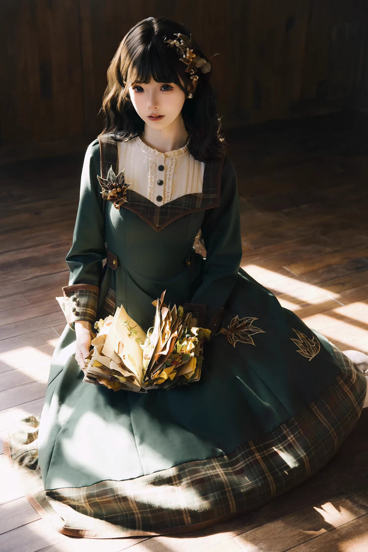Green [Autumn Chronicles] Round Collar Long Sleeves Printed Embroidered Spliced Slim Sweet Lolita Dress - Product - 4