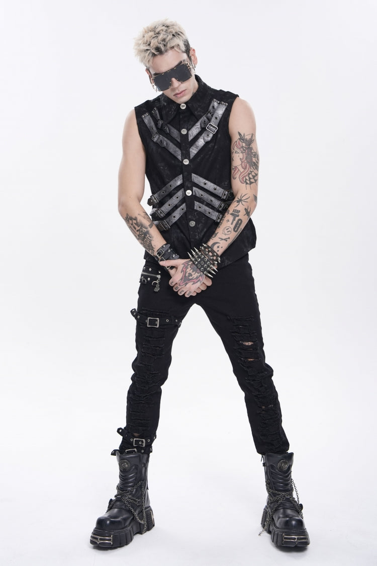 Black Lapel Collar Sleeveless Multi-Layered Printed Tie-dyed Buckled Men's Punk Shirt - Product - 10