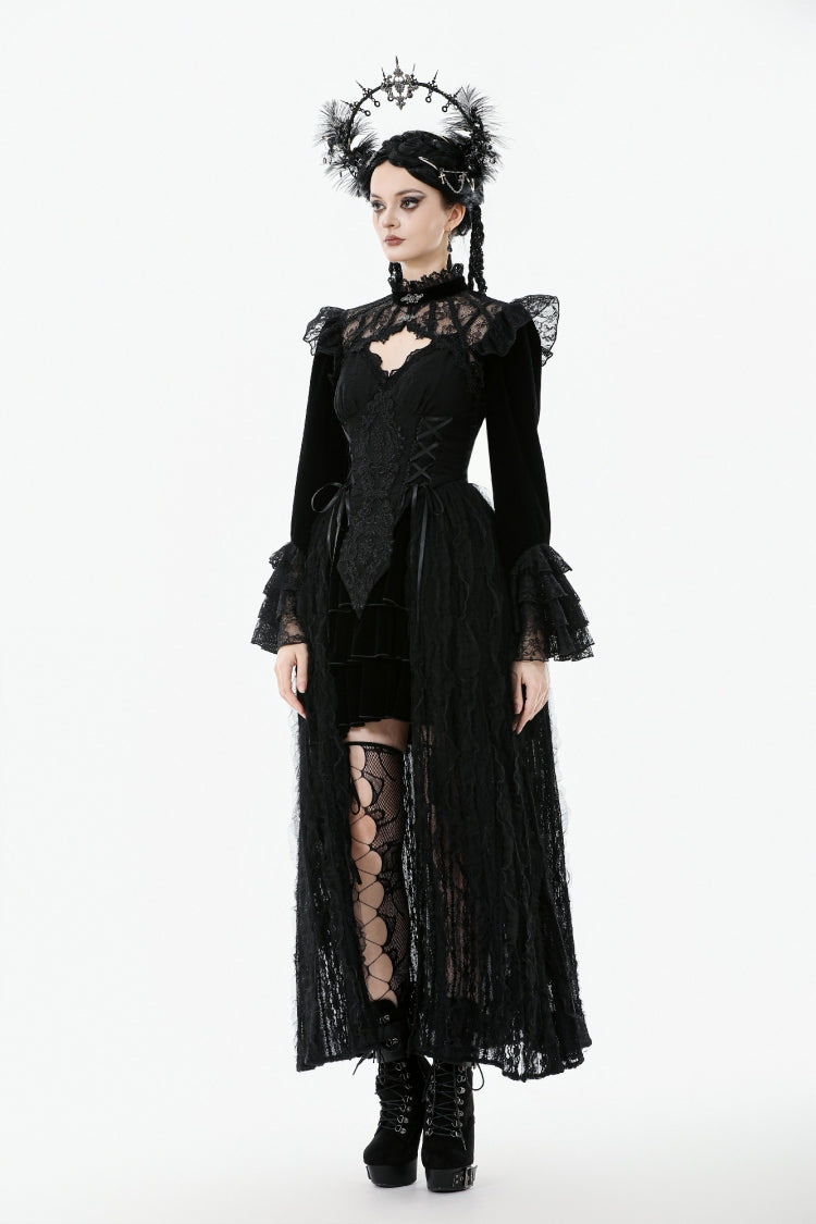 Black Stand Collar Long Flared Sleeves Lace Spliced Velvet Women's Gothic Cape - Product - 11