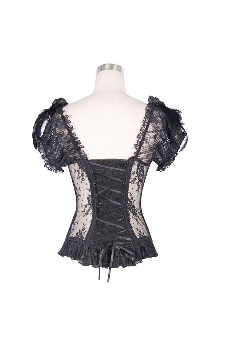 Black Transparent Lace Cotton Waist Fishbone Feather Women's Gothic Flower Corset - Product - 8