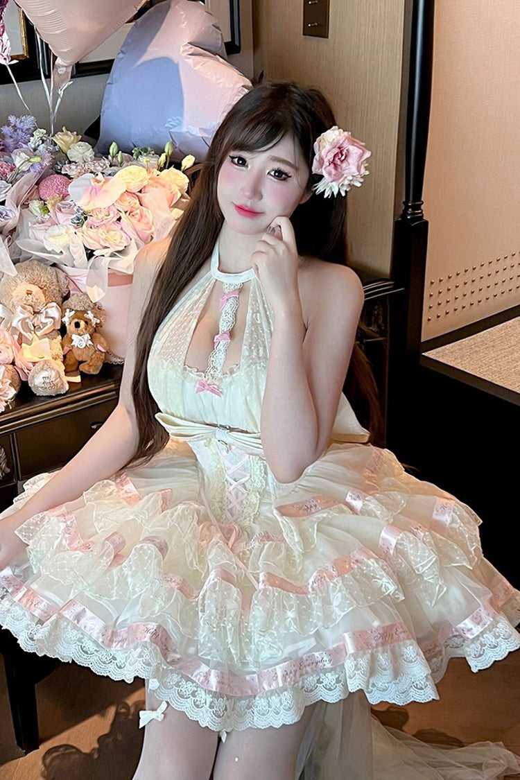 Beige [Ballet Dream] Halterneck Triple-Layered Ruffle Bowknot Lace-Up Sweet Princess Lolita Dress - Product - 10