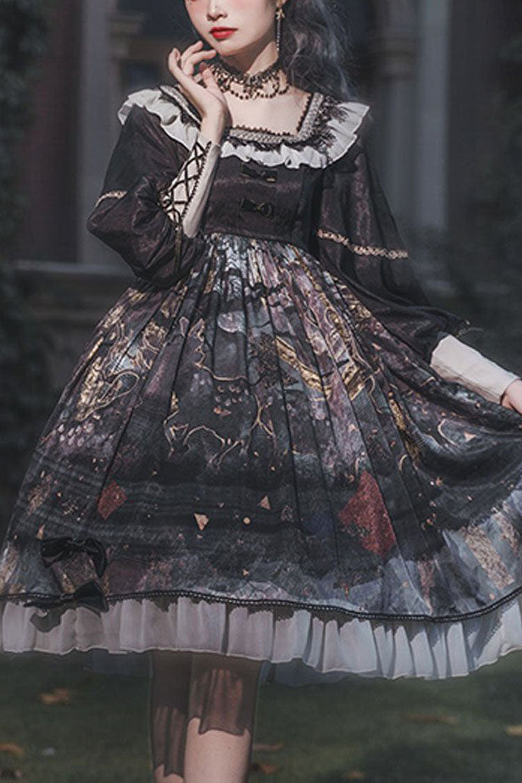 Black Long Sleeves Mist Print Classic Lolita OP Dress - black - 1