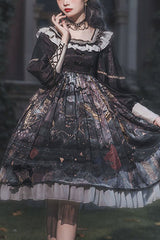 Black Long Sleeves Mist Print Classic Lolita OP Dress - black - 1