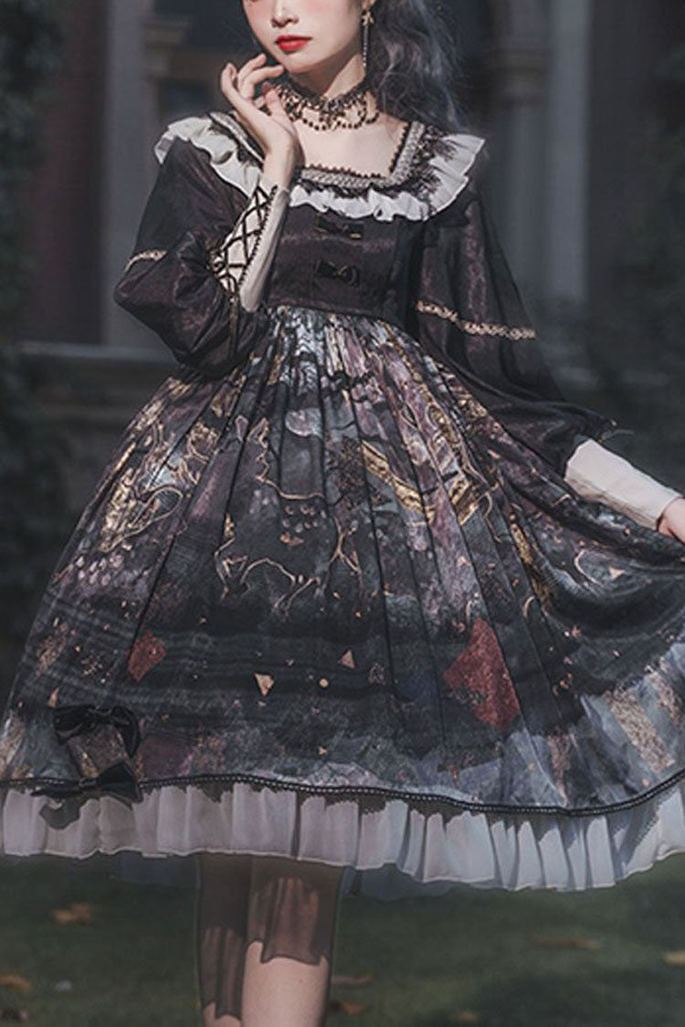 Black Long Sleeves Mist Print Classic Lolita OP Dress - black - 1