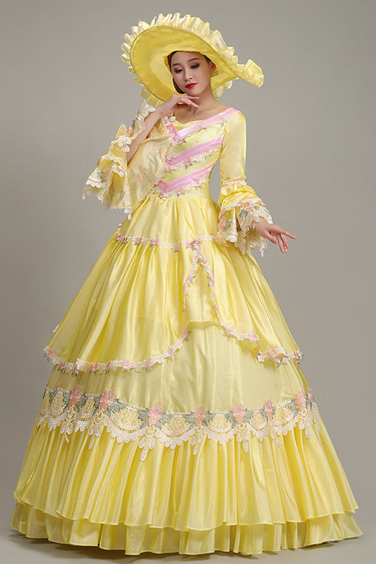 Yellow Hime Sleeves High Waisted Lace Stitching Hollow Floral Print Ruffled Multi-Layer Victorian Lolita Prom Tiered Dress - Product - 2