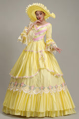 Yellow Hime Sleeves High Waisted Lace Stitching Hollow Floral Print Ruffled Multi-Layer Victorian Lolita Prom Tiered Dress - Product - 2