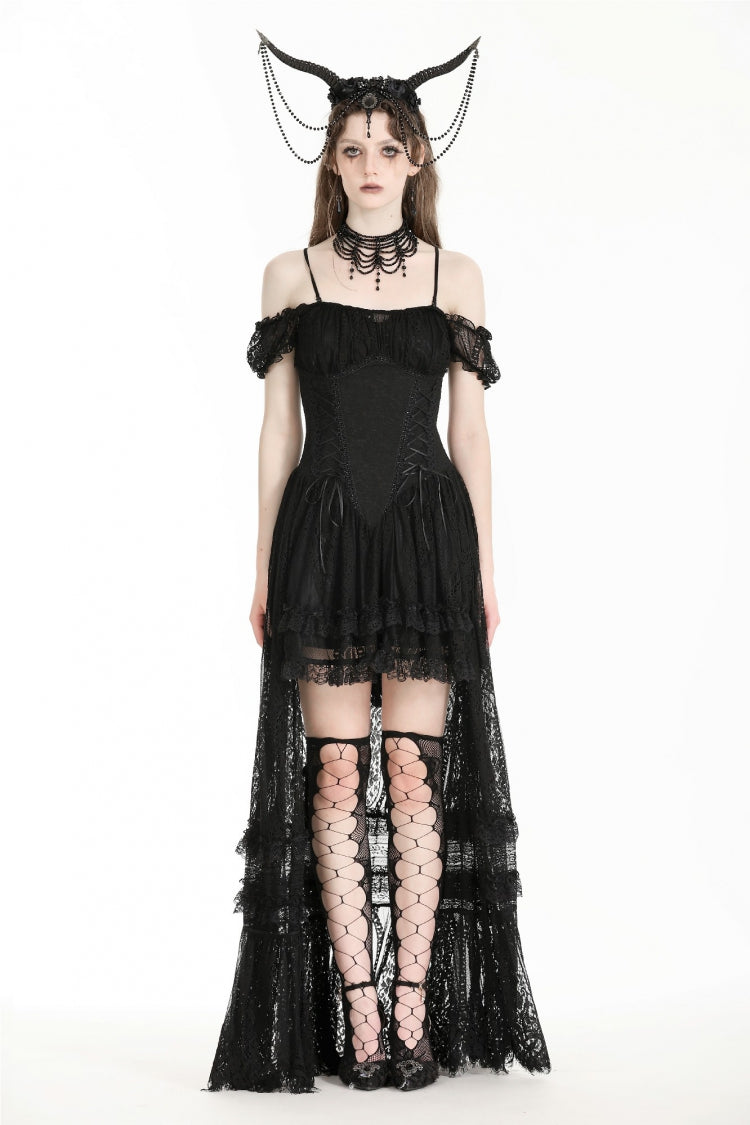 Black Off Shoulder Short Flutter Sleeves Lace-Up Lace High/Low Women's Gothic Prom Slip Dress - Product - 5
