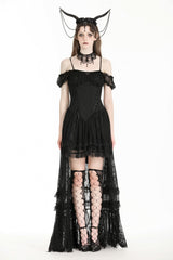 Black Off Shoulder Short Flutter Sleeves Lace-Up Lace High/Low Women's Gothic Prom Slip Dress - Product - 5