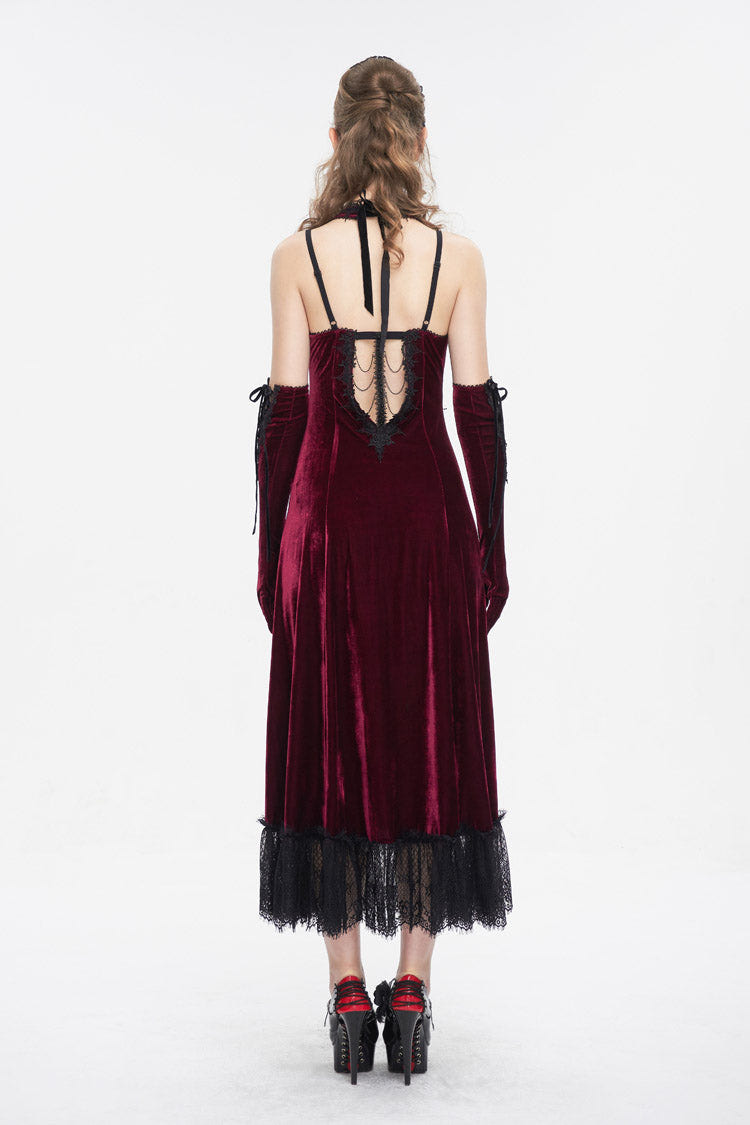 Red Lace Up Lace Hem Slip Long Women's Gothic Dress - Product - 6