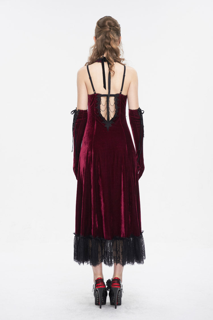 Red Lace Up Lace Hem Slip Long Women's Gothic Dress - Product - 6