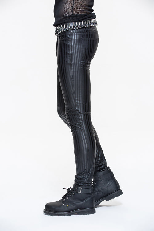 Black Autumn And Winter Vertical Stripes Elastic Punk Leather Mens Pants - Product - 3