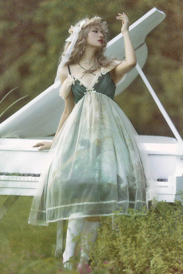 Green V Collar Morning In Pine Forest Print Sweet Lolita Jsk Dress - Product - 3