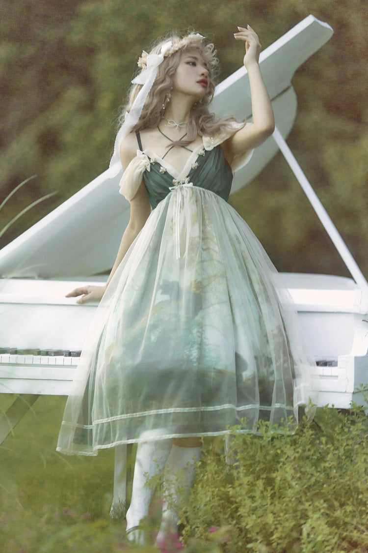 Green V Collar Morning In Pine Forest Print Sweet Lolita Jsk Dress - Product - 3