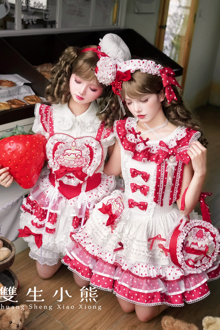 Red/White Twin Bears Sleeveless Triple-Layered Print Ruffle Bowknot Lace Sweet (Dress Only) detail view 6