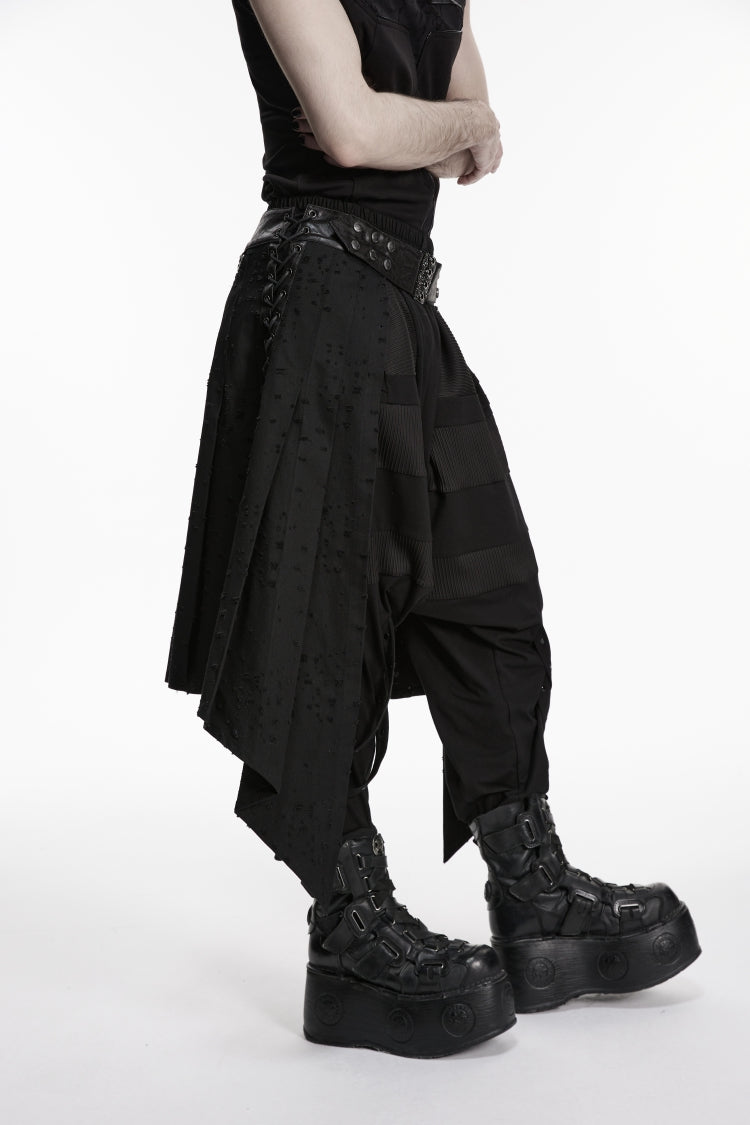 Black Lace-Up Irregular Ripped Men's Punk Skirt - Product - 7