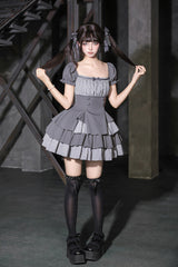 Classic Square Collar Halterneck Short Sleeves Triple-Layered Printed Ruffled Bow Cool Lolita Dress Set 2 Colors(Black, Grey) - Product - 18