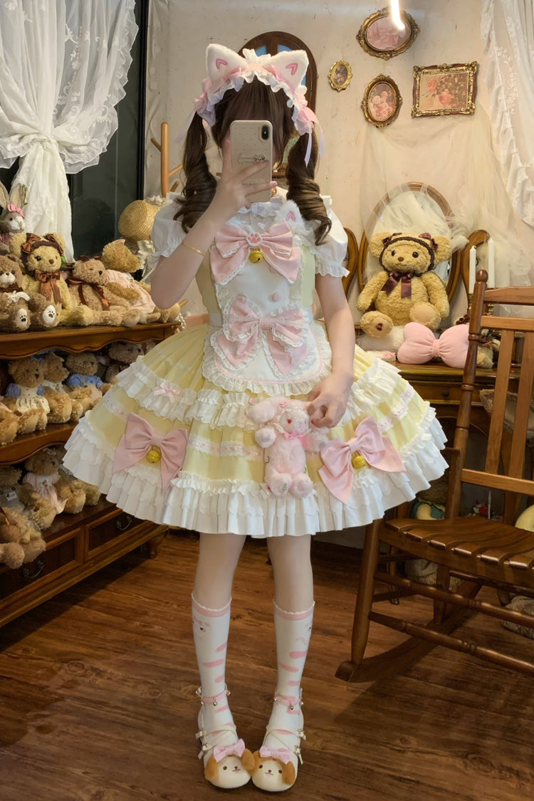 Yellow [Meowling Sweet Maid] Sleeveless Multi-Layered Ruffle Bowknot Lace Sweet Princess Lolita Jsk Dress - Product - 6