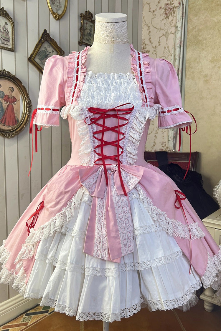 [Miss Rella] Short Sleeves Multi-Layered Ruffle Cardigan Bowknot Lace-Up Sweet Lolita Dress 9 Colors - Pink - 11