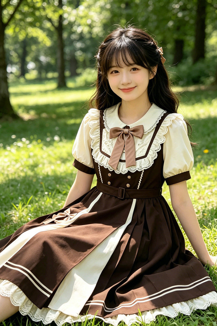 Brown Lapel Collar Short Sleeves Ruffled Open-Front Bow Sweet Plus Size Lolita Dress - Product - 5
