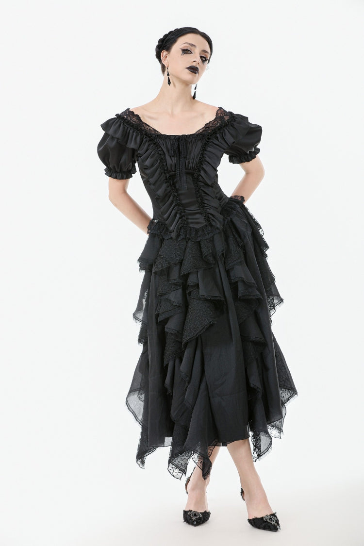 Black Square Collar Short Sleeves Ruffled Lace Lace-Up Women's Gothic Rococo Corset Top - Product - 7