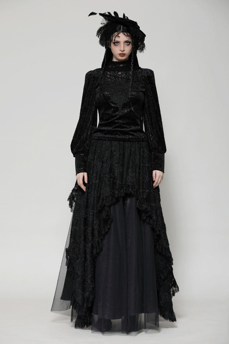 Black Ruffled Turtleneck Bishop Long Sleeves Floral Lace Patchwork Velvet Women's Gothic Blouse - Product - 5