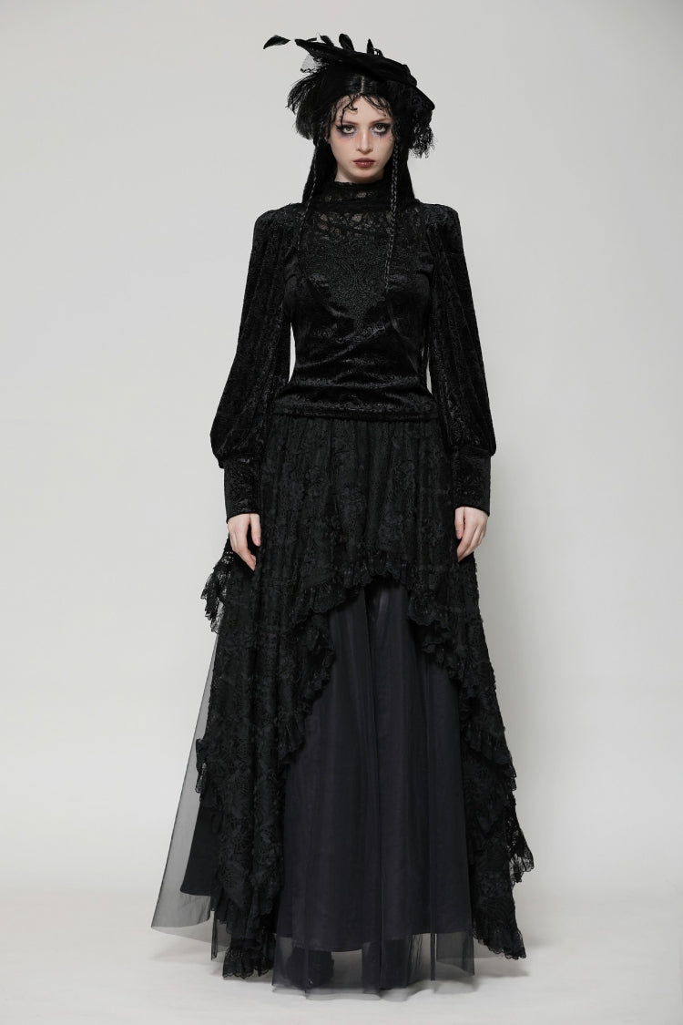 Black Ruffled Turtleneck Bishop Long Sleeves Floral Lace Patchwork Velvet Women's Gothic Blouse - Product - 5