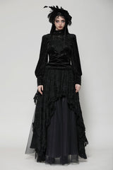 Black Ruffled Turtleneck Bishop Long Sleeves Floral Lace Patchwork Velvet Women's Gothic Blouse - Product - 5