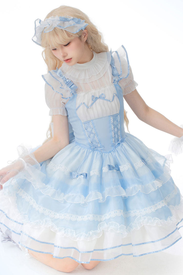 Blue Multi-layer Ruffle Bowknot Lace-Up Ballet Style Sweet Princess Lolita Tiered Dress - Product - 7