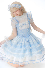 Blue Multi-layer Ruffle Bowknot Lace-Up Ballet Style Sweet Princess Lolita Tiered Dress - Product - 7