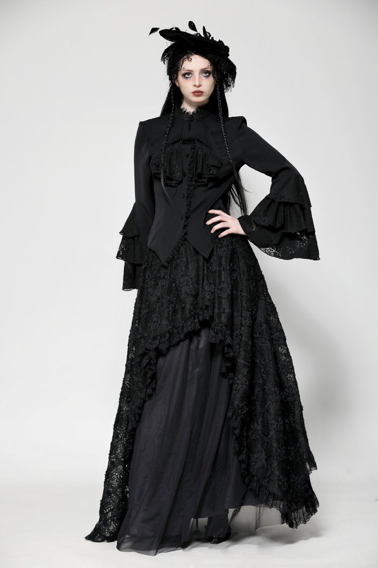 Black Lace Stand Collar Multi-Layered Ruffled Long Flared Sleeves Women's Gothic Blouse - Product - 10
