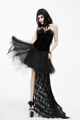 Black Gothic Wedding Strapless Feathered Sexy Velveteen Womens Dress With Rose Lace Tail - Product - 2