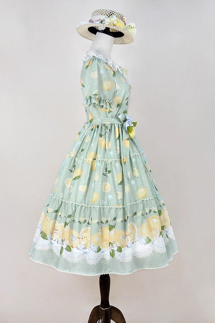 Green [Lemon Chicken] Short Sleeves Print Ruffle Bowknot Lace Daily Sweet Lolita Dress - Product - 10