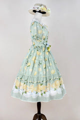 Green [Lemon Chicken] Short Sleeves Print Ruffle Bowknot Lace Daily Sweet Lolita Dress - Product - 10