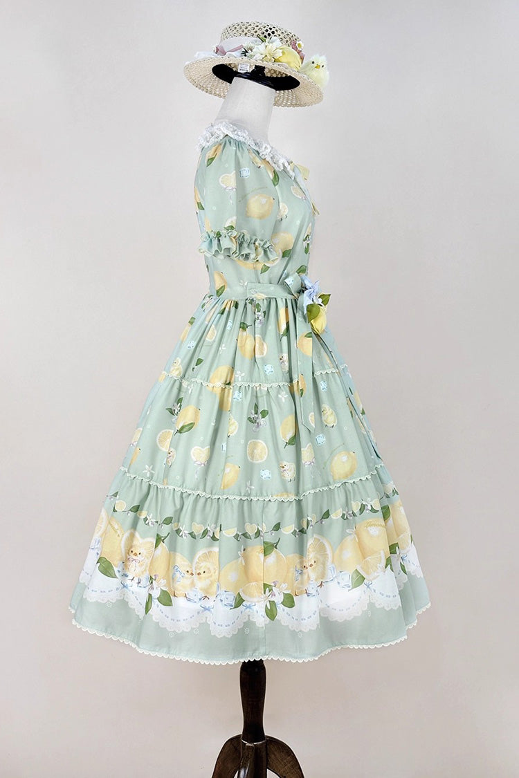 Green [Lemon Chicken] Short Sleeves Print Ruffle Bowknot Lace Daily Sweet Lolita Dress - Product - 10