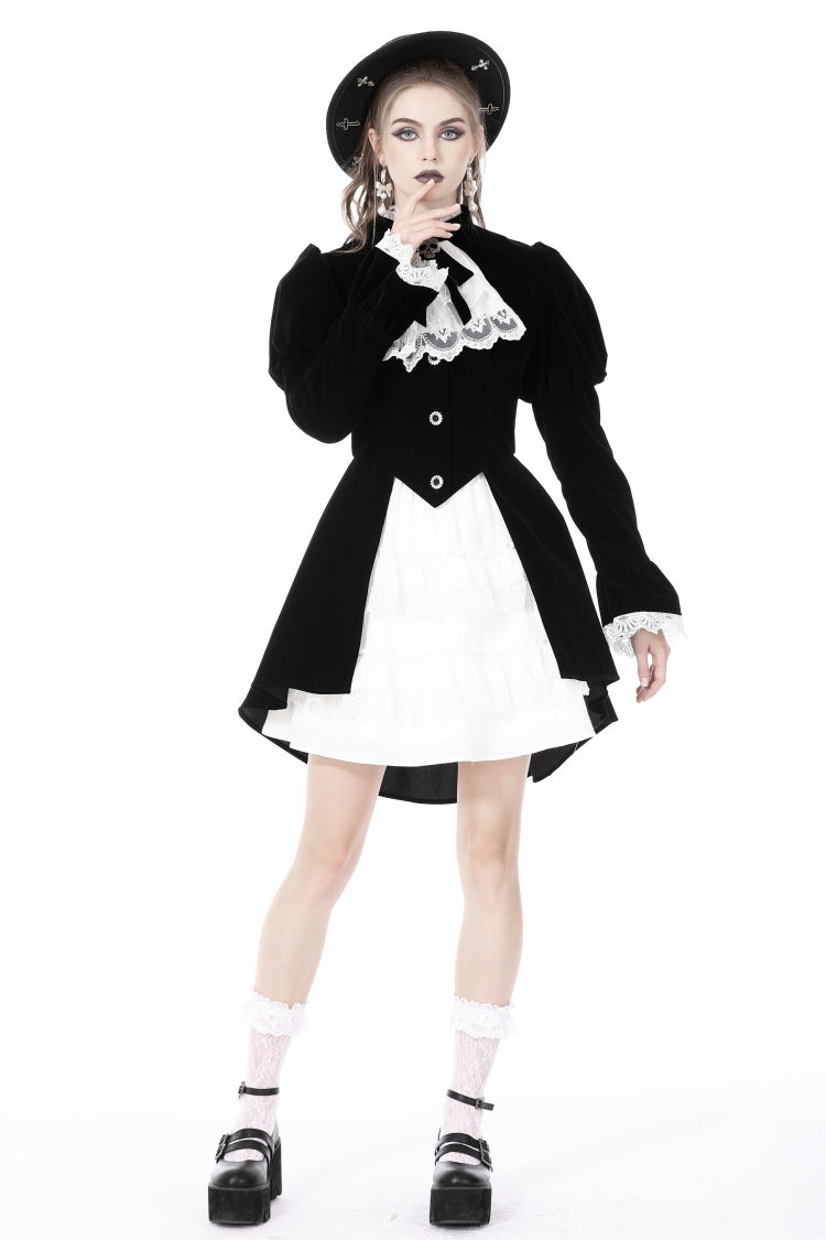 Black/White Frilly Collar Skull Bow Tie Long Puff Sleeves Lace Lace-Up Women's Gothic Vintage Velvet Jacket - Product - 5