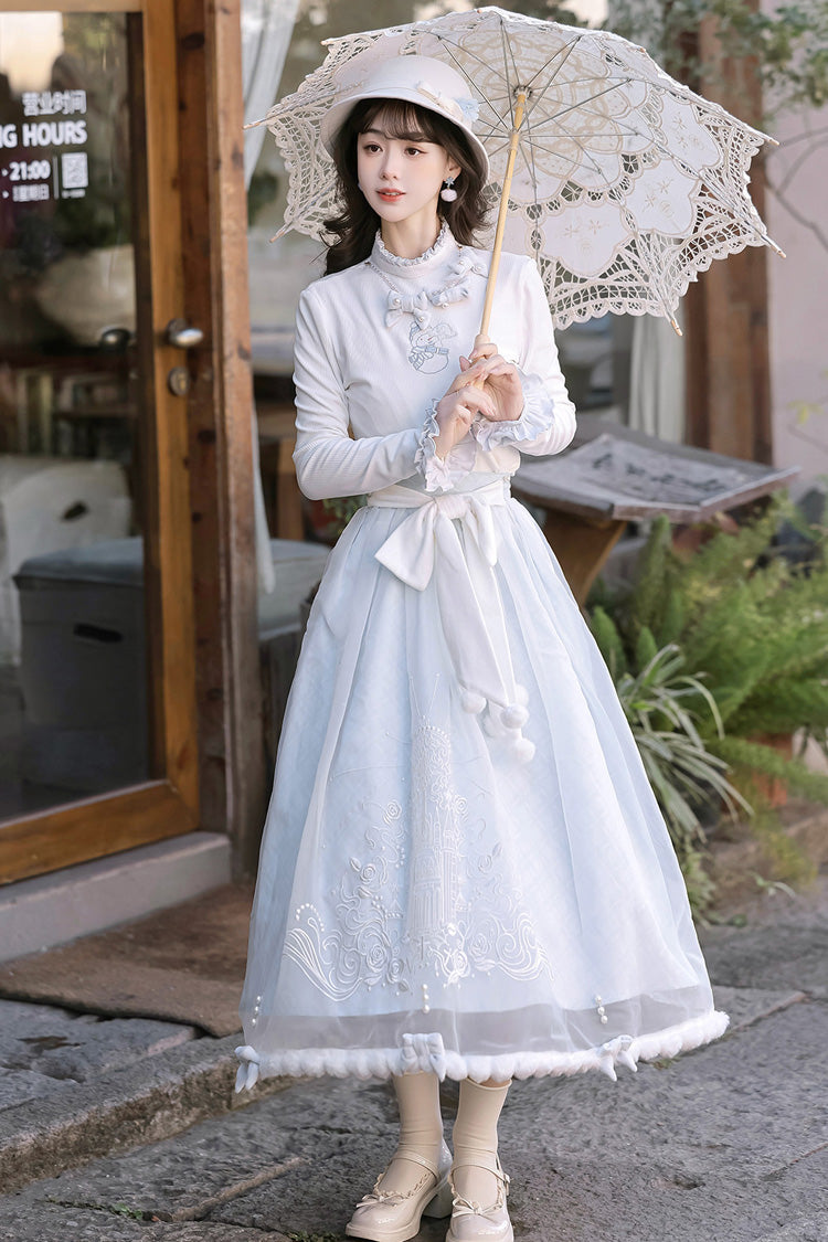 White/Blue [Sunny Sky Snow Doll] Long Sleeves Embroidered Bow Sweet Elegant Lolita Skirt Coat Set - Product - 13